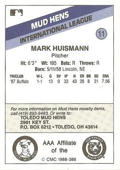 1988 CMC Toledo Mud Hens #11 Mark Huismann Back