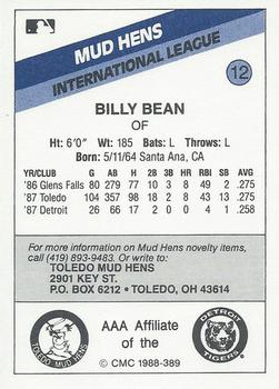 1988 CMC Toledo Mud Hens #12 Billy Bean Back