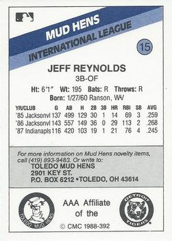 1988 CMC Toledo Mud Hens #15 Jeff Reynolds Back