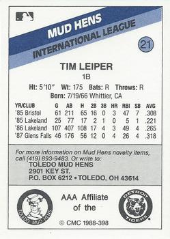 1988 CMC Toledo Mud Hens #21 Tim Leiper Back