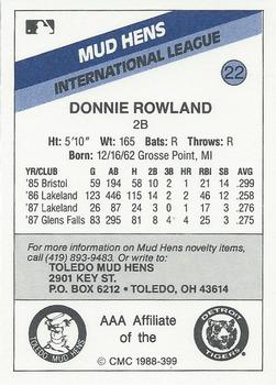 1988 CMC Toledo Mud Hens #22 Donnie Rowland Back