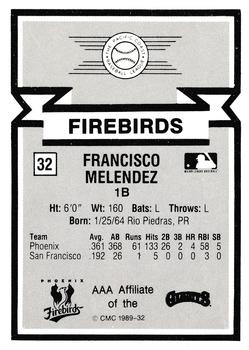 1988 CMC Triple A All-Stars #32 Francisco Melendez Back