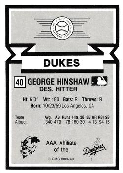 1988 CMC Triple A All-Stars #40 George Hinshaw Back