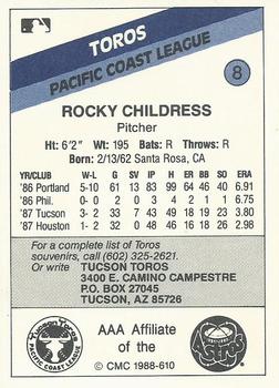 1988 CMC Tucson Toros #8 Rocky Childress Back