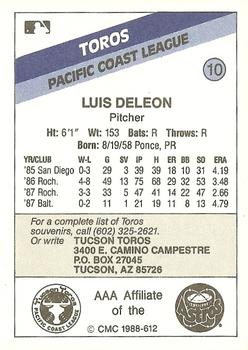 1988 CMC Tucson Toros #10 Luis DeLeon Back