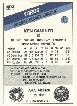 1988 CMC Tucson Toros #11 Ken Caminiti Back