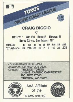1988 CMC Tucson Toros #15 Craig Biggio Back