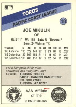 1988 CMC Tucson Toros #18 Joe Mikulik Back