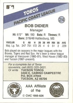1988 CMC Tucson Toros #24 Bob Didier Back