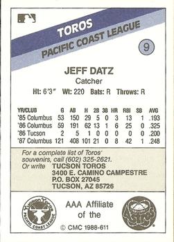 1988 CMC Tucson Toros #9 Jeff Datz Back