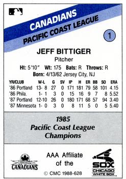 1988 CMC Vancouver Canadians #1 Jeff Bittiger Back