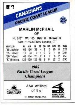 1988 CMC Vancouver Canadians #25 Marlin McPhail Back