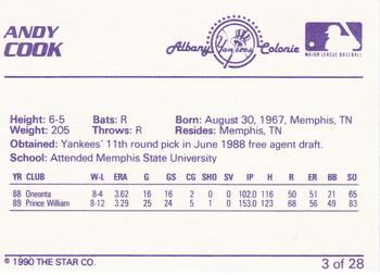1990 Star Albany-Colonie Yankees #3 Andy Cook Back