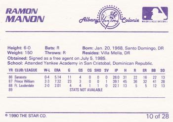 1990 Star Albany-Colonie Yankees #10 Ramon Manon Back