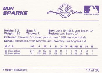 1990 Star Albany-Colonie Yankees #17 Don Sparks Back