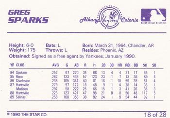 1990 Star Albany-Colonie Yankees #18 Greg Sparks Back