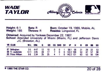 1990 Star Albany-Colonie Yankees #20 Wade Taylor Back