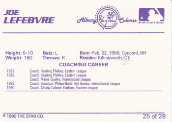 1990 Star Albany-Colonie Yankees #25 Joe Lefebvre Back