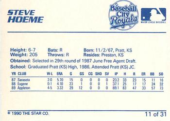 1990 Star Baseball City Royals #11 Steve Hoeme Back
