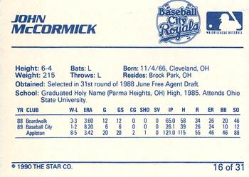 1990 Star Baseball City Royals #16 John McCormick Back