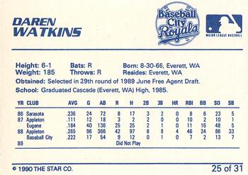 1990 Star Baseball City Royals #25 Darren Watkins Back