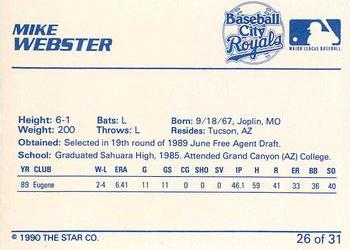 1990 Star Baseball City Royals #26 Mike Webster Back