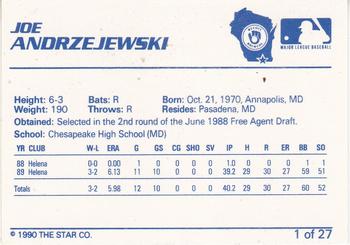 1990 Star Beloit Brewers #1 Joe Andrzejewski Back