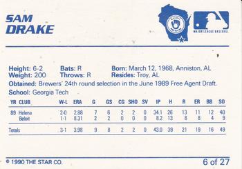 1990 Star Beloit Brewers #6 Sam Drake Back