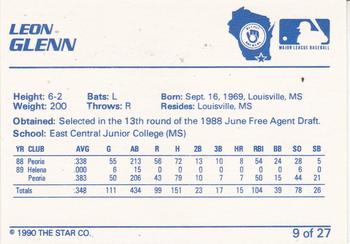 1990 Star Beloit Brewers #9 Leon Glenn Back