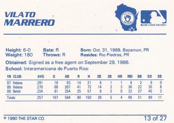 1990 Star Beloit Brewers #13 Vilato Marrero Back