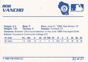 1990 Star Beloit Brewers #22 Bob Vancho Back