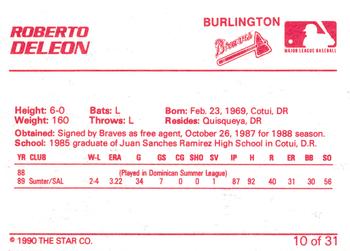 1990 Star Burlington Braves #10 Roberto Deleon Back