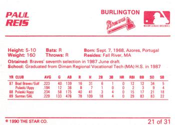 1990 Star Burlington Braves #21 Paul Reis Back