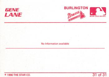 1990 Star Burlington Braves #31 Gene Lane Back