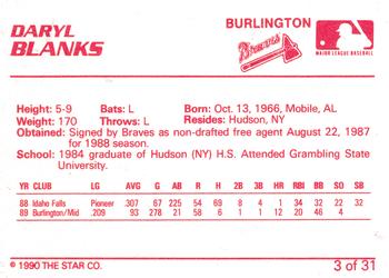 1990 Star Burlington Braves #3 Daryl Blanks Back