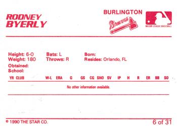 1990 Star Burlington Braves #6 Rodney Byerly Back