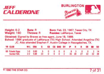 1990 Star Burlington Braves #7 Jeff Calderone Back