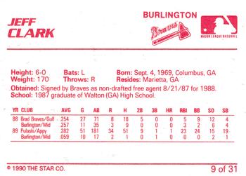 1990 Star Burlington Braves #9 Jeff Clark Back