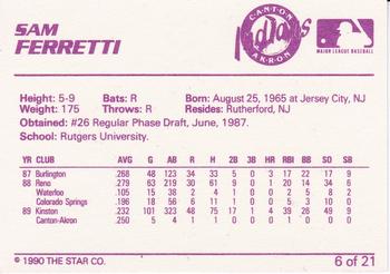 1990 Star Canton-Akron Indians #6 Sam Ferretti Back