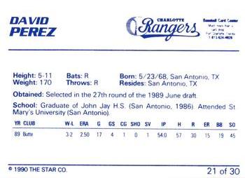 1990 Star Charlotte Rangers #21 David Perez Back