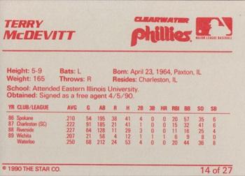 1990 Star Clearwater Phillies #14 Terry McDevitt Back