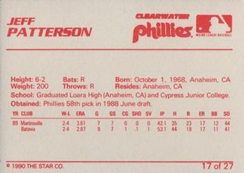 1990 Star Clearwater Phillies #17 Jeff Patterson Back