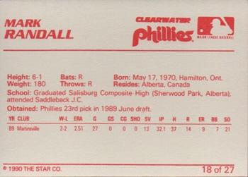 1990 Star Clearwater Phillies #18 Mark Randall Back