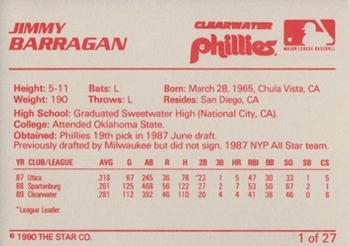 1990 Star Clearwater Phillies #1 Jimmy Barragan Back