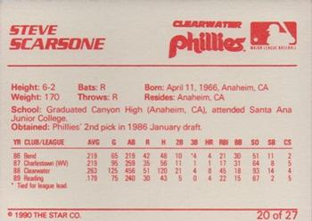 1990 Star Clearwater Phillies #20 Steve Scarsone Back