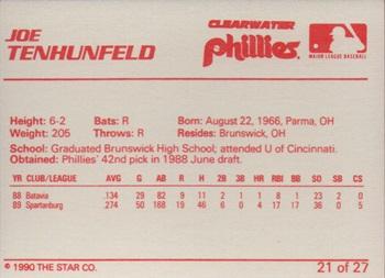 1990 Star Clearwater Phillies #21 Joe Tenhunfeld Back