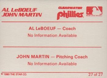 1990 Star Clearwater Phillies #27 Coaches (Al LeBoeuf / John Martin) Back