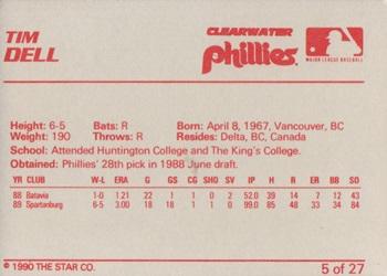 1990 Star Clearwater Phillies #5 Tim Dell Back