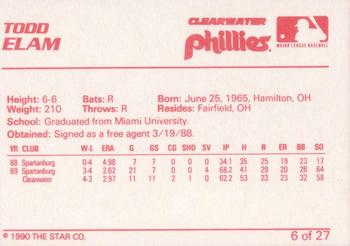 1990 Star Clearwater Phillies #6 Todd Elam Back