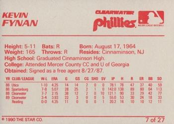 1990 Star Clearwater Phillies #7 Kevin Fynan Back